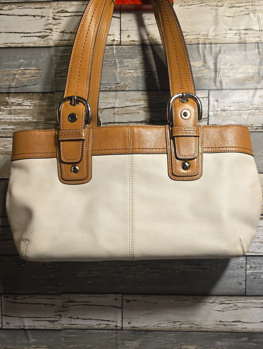 Coach Two-Tone Shoulder Bag in Cream and Tan